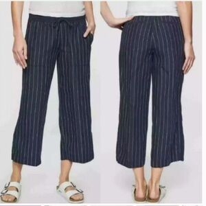 Athleta Bali Stripe Linen Crop Pants Wide Leg Navy Blue Casual W2157 Sz 10